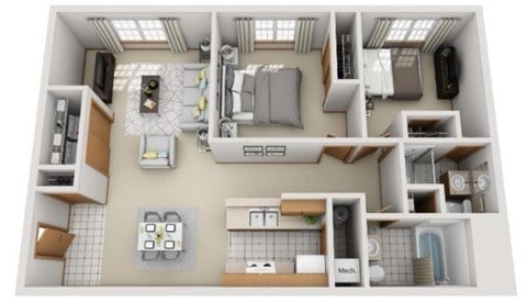 Floor plan for 2 beds, 2 baths, 1008 sqft